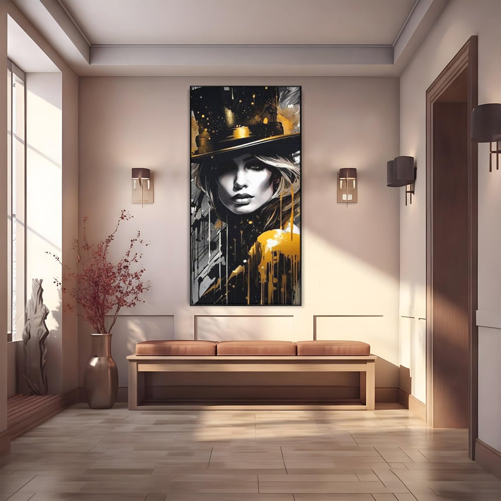 Tablou canvas cu tablou canvas cu portret de femeie cu joben, in rama de aluminiu negru